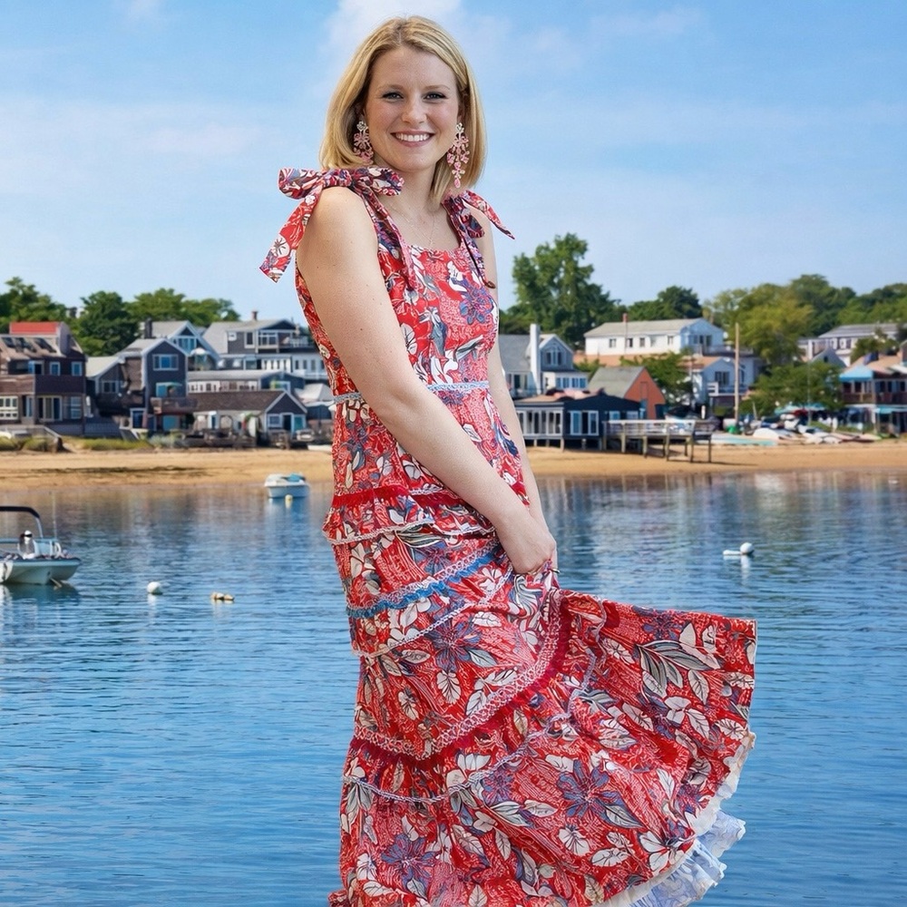 Victoria Dunn Red Floral Midi Dress with Tie Straps
